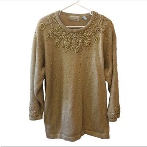SALE Vintage 1980s Beaded Metallic Gold Knit Sweater Glam Holiday Evening 22/24